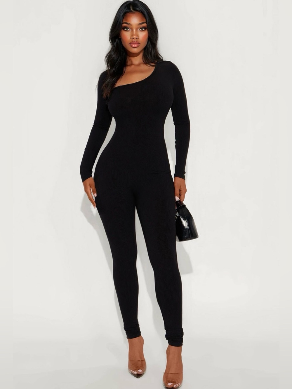 Fashion Nova Black Long-Sleeve One-Shoulder Jumpsuit (Catsuit)🖤🔥